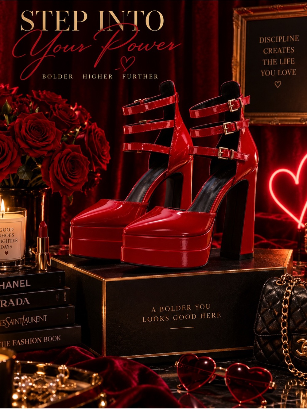 Red Patent Platform Heels Multi-Strap Buckle Pointed Toe Chunky Heel Size 8
